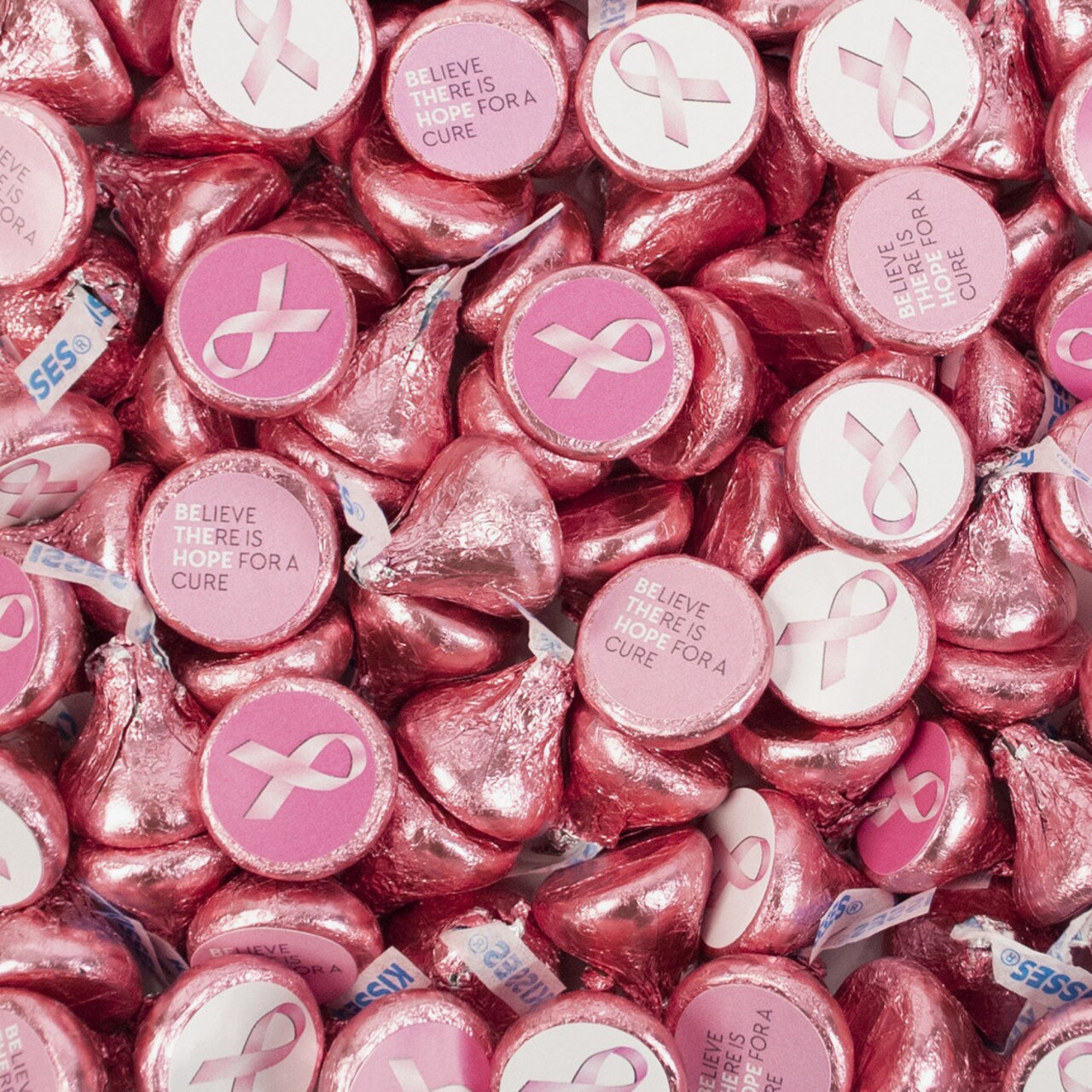 100 Pcs Breast Cancer Awareness Candy Hershey's Kisses Chocolate (1lb, Approx. 100 Pcs) - By Just Candy
